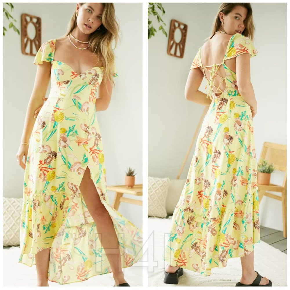 NWOT UO Lace-Up Back Midi Slit Beachy Seashell Vintage Dress
